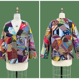 VINTAGE CRAZY QUILT 70s Patchwork Jacket | 1970s Multi Fabric Top | Multi Colored Hand Quilted Cardigan | Size Medium