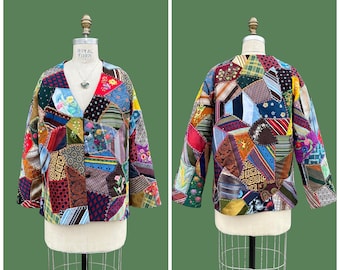 VINTAGE CRAZY QUILT 70s Patchwork Jacket | 1970s Multi Fabric Top | Multi Colored Hand Quilted Cardigan | Size Medium