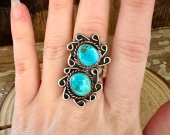 VINTAGE DOUBLE SPIRAL Sterling Silver Turquoise Ring | 1970s Large Statement Ring | 70s Native American Navajo Style Jewelry | Size 6 1/2