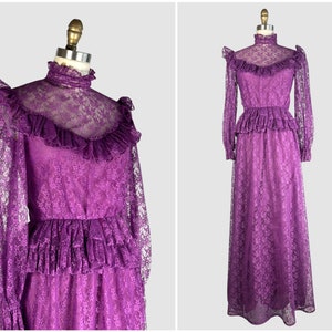 PRAIRIE TALE Vintage 70s Purple Chantilly Lace Dress 1970s Granny Maxi Boho Prairie Hippie Bohemian Cottagecore, Victorian Style Small image 1