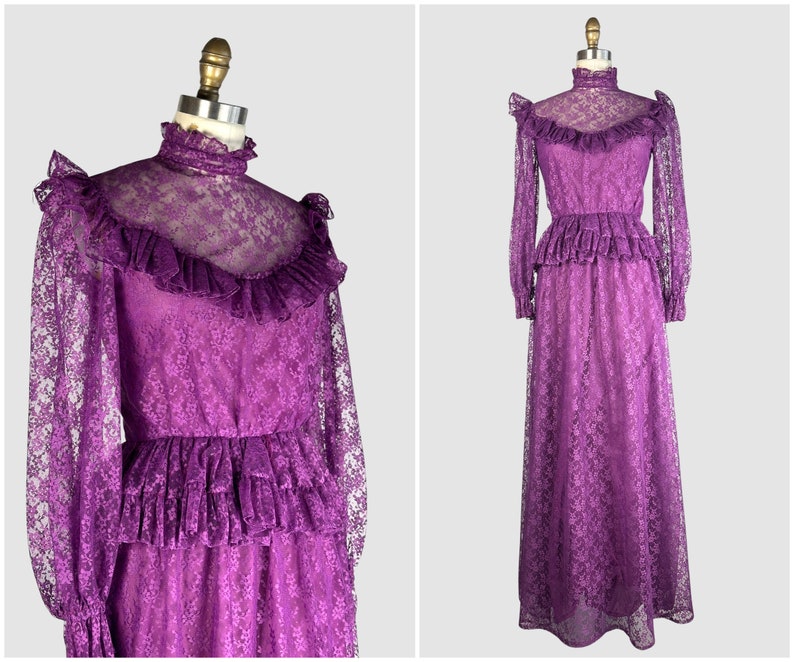 PRAIRIE TALE Vintage 70s Purple Chantilly Lace Dress 1970s Granny Maxi Boho Prairie Hippie Bohemian Cottagecore, Victorian Style Small image 1