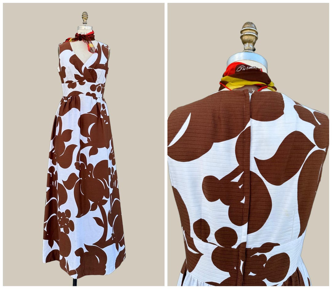 MALIA HAWAIIAN Vintage 70s Maxi Dress | 1970s Barkcloth Cotton Fit and ...