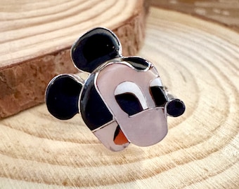 MICKEY MOUSE Zuni Toons Ring | Sterling Silver Jet Turquoise Spiny Oyster Mother of Pearl Inlay| Native American Zunitoon Sizes 7 1/4,