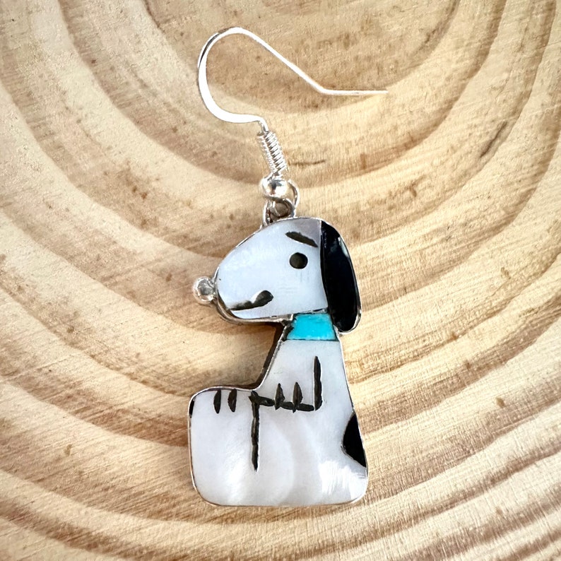 SNOOPY Shenel Comosona Zuni Toons Dangle Earrings Sterling Silver Jet Turquoise Mother of Pearl Inlay Native American Zunitoon Earrings image 4