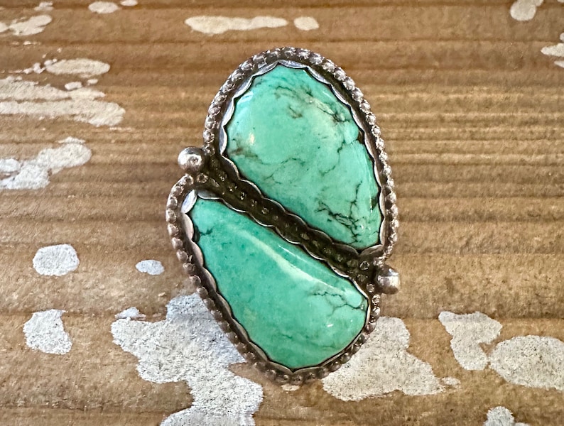 SISTER STONES Vintage Handmade Large Ring Sterling Silver, Turquoise Native American Style Jewelry Southwestern Size 9 1/4 image 1