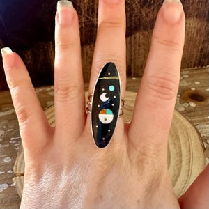 To The Moon Native American Navajo Jet Sterling Silver Cosmic Ring Signed Harold Smith To The Moon Native American Navajo Jet Sterling Silver Cosmic Ring Signed Harold Smith