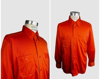 MARTINI Vintage 70s Deadstock Orange Jersey Knit Polyester Disco Shirt | 1970s Dead Stock, New Old Fitted Funk Top | Size Mens Large