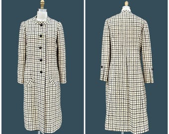 GALANOS WINDOWPANE WOOL Vintage 60s Coat | 1960s Outerwear | Plaid, Checkered, Grid Pattern | Mod, Twiggy | Size Sm. to Med.