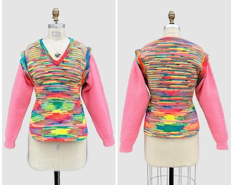 PINK STARBURST Hand Knit 70s Neon Sweater | 1970s Bright Pullover V-neck | Handmade Crochet Top | Size Medium