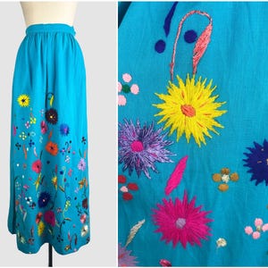 XIHUATL Vintage 70s Mexican Hand Embroidered Maxi Skirt | 1970s Floral Embroidery Peasant Folkwear, Made in Mexico | Boho Folk | Size Small