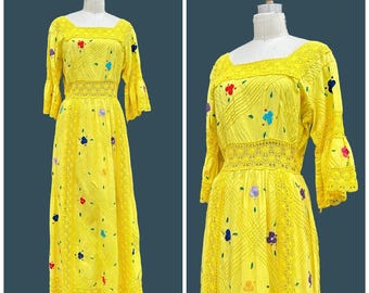 HELLO YELLOW Vintage 70s Mexican Embroidered Dress | 1970s Oaxacan Maxi w/ Crochet Cut Outs | Made in Mexico | Hippie Boho Folkwear | Medium