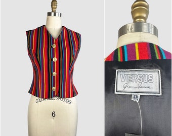 GIANNI VERSACE VERSUS Vintage 90er Jahre Gestreifte Weste | 1990er Jahre Samt und Wildleder Top | 80er 1980er Jahre Italienischer Designer, Made in Italy | Größe X Small