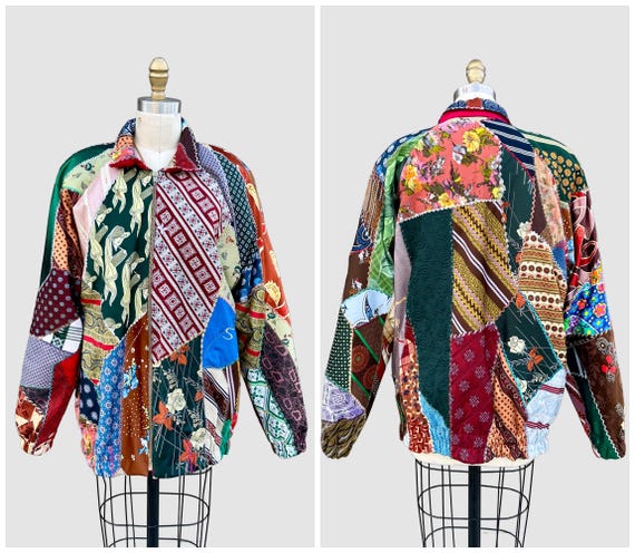 PATCHWORK UPCYCLED TIES Vintage 80s/90s Bomber Ja… - image 1