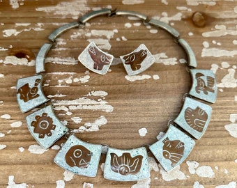 MES POTENTIELS Mexique Ensemble collier et boucles d'oreilles en argent sterling des années 50/60, cuivre, amazonite, pierre incrustée | Bijoux tribaux aztèques mayas • 68 g