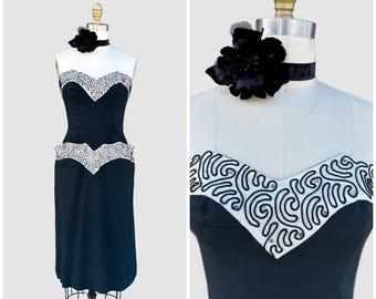 1950s VINTAGE Strapless Cocktail Dress | 50s Rhinestone Little Black Dress | Mid Century, Pin Up, Rockabilly | Size Small