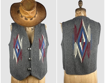CHIMAYO Vintage Southwestern Hand Woven Gray Wool Blanket Vest | Southwest Western New Mexico Top w/ Concho Buttons | Mens Medium | Ortega ?