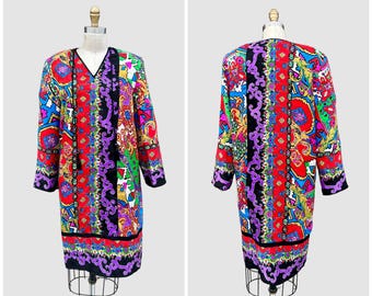 DIANE FRIES 80s/90s Vintage Silk Dress | 1980s 1990s Boho Abstract Flowy Floral Print Dress | Asian Patterns | Size Medium