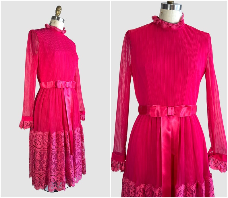 MISS ELLIETTE California, Vintage 60s Hot Pink Dress w/ Chantilly Lace & Bows, Dead Stock w/ Tags Mod 70s 1970s Barbie Pink Size Small image 1