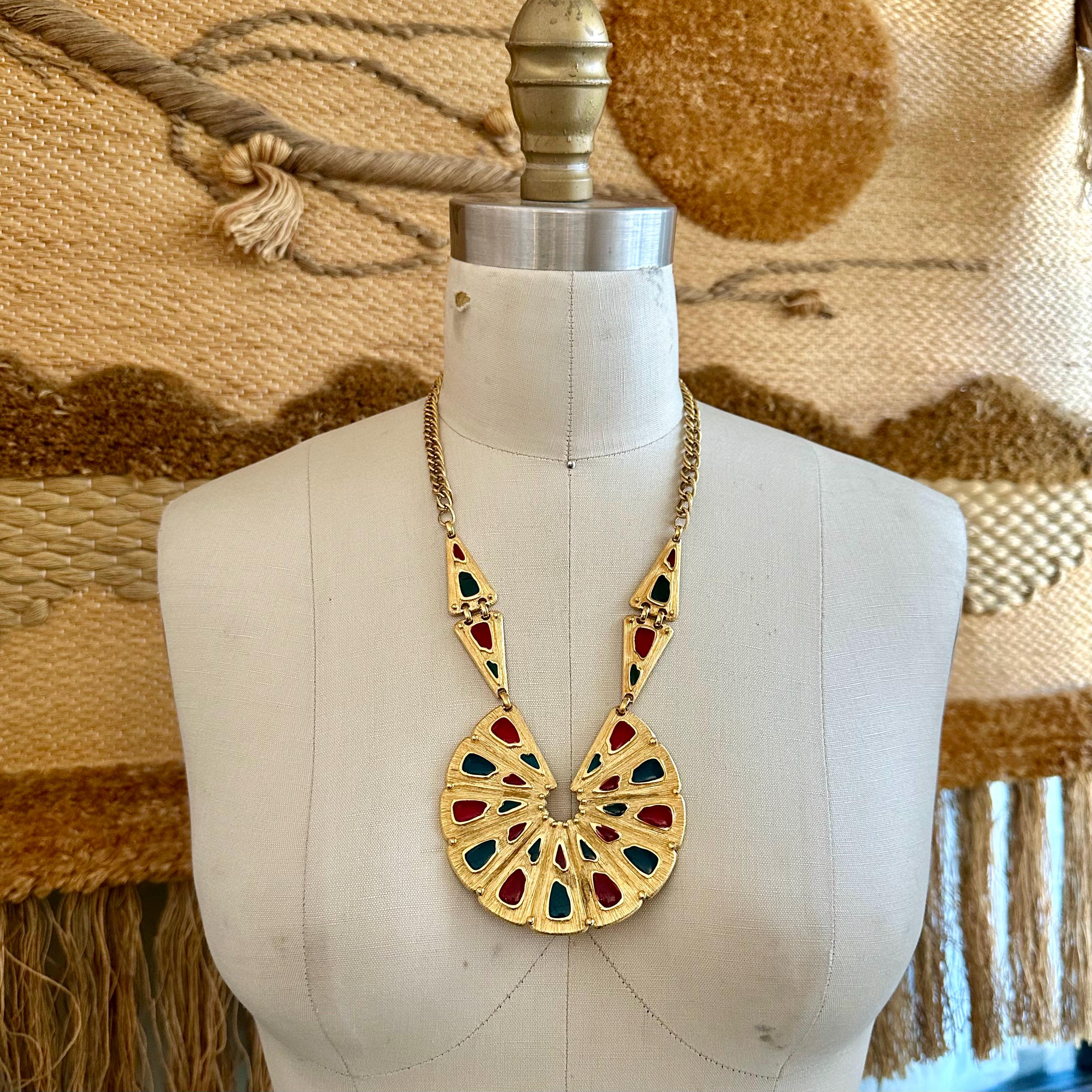 1970s Designer Trifari Gold Tone Filigree and Black Glass