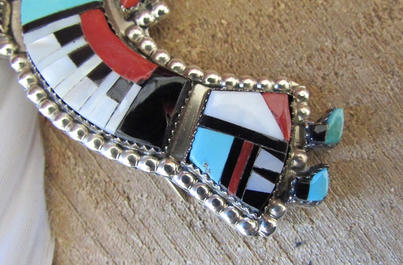 RAINBOW MAN Herbert Cellicion Zuni Yei Brooch Pendant Silver Turquoise MOP Jet Spiny Oyster Inlay Pin Vintage Native American Jewelry image 5