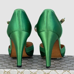 GUCCI Vintage 70s Green Satin Ankle Strap Shoes 1970s Italian Designer Ankle Strap Stiletto Heels, Made in Italy Disco Era Size 35 5 image 5