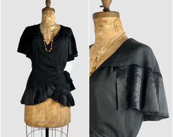 IT'S A WRAP Vintage 20s Silk Crepe Ruffle Blouse | 1920s Wrap Around Flapper Top w/ Tie Belt | Antique 30s 1930s, Art Deco Era | Size Small