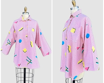 1980s HOT PURSUIT Vintage Shirt | 80s Memphis Pop Art | Abstract Geometric 3/4 Button Up | Made in USA | Sz. Medium