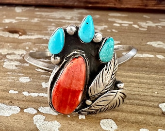 SUMMER BREEZE 70s Sterling Silver Spiny Oyster Turquoise Cuff | FB Hallmark | Navajo Native American Bracelet | Southwestern Jewelry | 26g