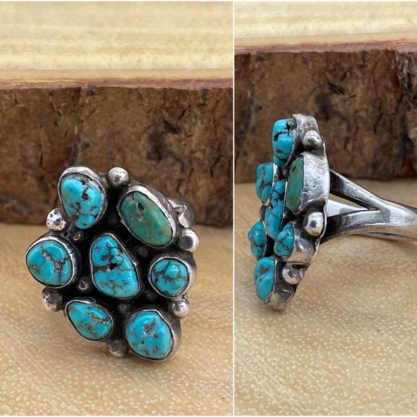 CLUSTERFEST Vintage 40s - 60s Turquoise & Silver Ring | Nugget Stones | Navajo Zuni Native American Style Southwestern Jewelry | Size 6 1/2