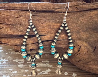 BOLD BEADED BELLS Sterling Silver and Turquoise Earrings | Beaded Jewelry | Dangle Drop Teardrop Earrings | Silver and Turquoise