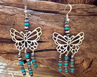 TURQUOISE BEADED BUTTERFLIES Sterling Silver Earrings | Butterfly Beaded Jewelry | Dangle Drop Insect Accessories | Dream Catcher