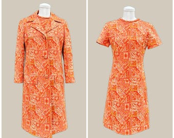 HURWITZ COUTURE Vintage 70s Coat and Dress Set | 1970s Double Knit 2 Piece Set | Orange Psychedelic Overcoat Set Suit | Size Small