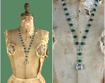 ART DECO ERA Vintage 30s Crystal Necklace | 1930s Green & Clear Faceted Open Back Czech Stones w/ Large Pendant | 20s Flapper Gatsby Jewelry