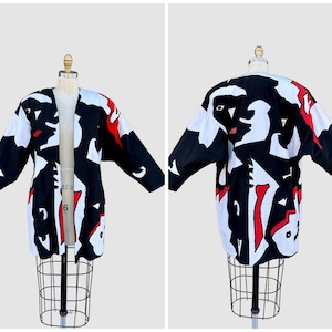 MEXICAN ARTIST TIPICANO 80s Open Jacket | 1980s Vintage Abstract Patchwork | Black, White and Red Cotton Blazer | Made in Mexico | Size Med.