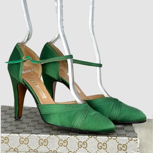 GUCCI Vintage 70s Green Satin Ankle Strap Shoes 1970s Italian Designer Ankle Strap Stiletto Heels, Made in Italy Disco Era Size 35 5 image 3