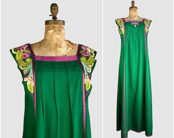 Robe longue vintage années 70 GIRASOL | Broderie florale mexicaine des années 1970 en coton avec volants | Bohème Bohème, Sud-ouest, Folk, Hippie | Taille Moyenne