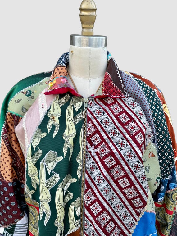 PATCHWORK UPCYCLED TIES Vintage 80s/90s Bomber Ja… - image 3