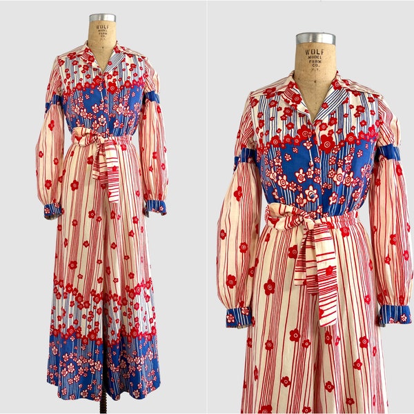 MALCOLM  STARR Rizkallah Vintage 60s Flower Power Jumpsuit | 1960s Palazzo Pant Suit | 70s 1970s Designer Mod, Hippie Chic | Small Medium