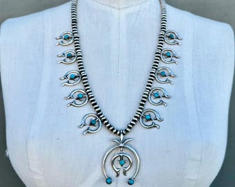 NAJA SQUASH BLOSSOM Turquoise & Sterling Silver Necklace | Navajo Pearls, Bench Beads | Native American, Southwestern Jewelry