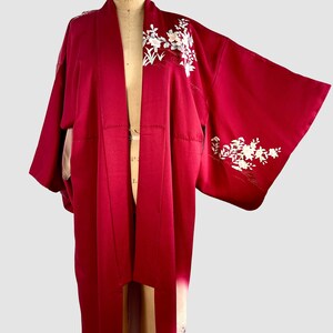 JAPANESE GARDEN Vintage Traditional Kimono Cranberry with Floral Peacock Print 70s 1970s to 80s 1980s Asian Robe Coat, Japan Open Size image 3