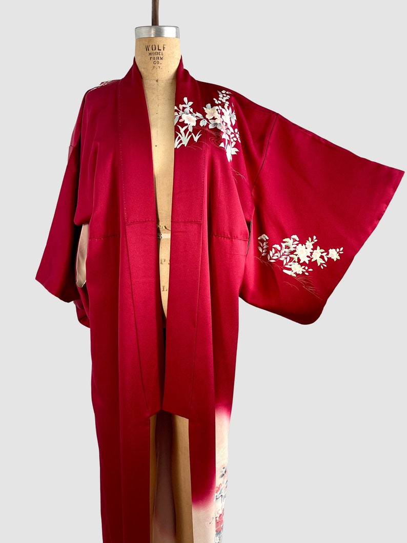 JAPANESE GARDEN Vintage Traditional Kimono Cranberry with Floral Peacock Print 70s 1970s to 80s 1980s Asian Robe Coat, Japan Open Size image 3