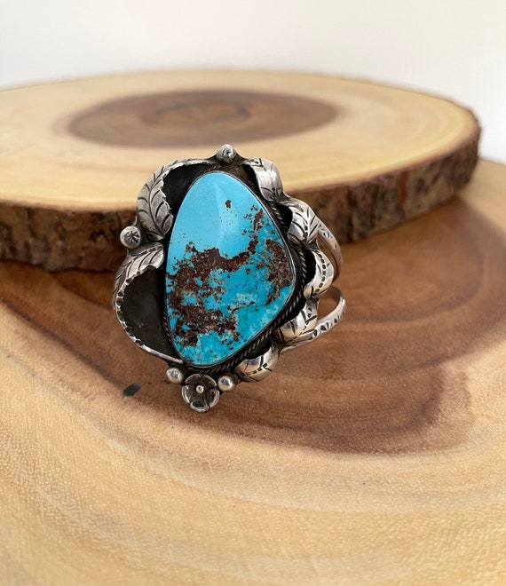 FINE FEATHERS Vintage 70s Silver Turquoise Cuff, … - image 1