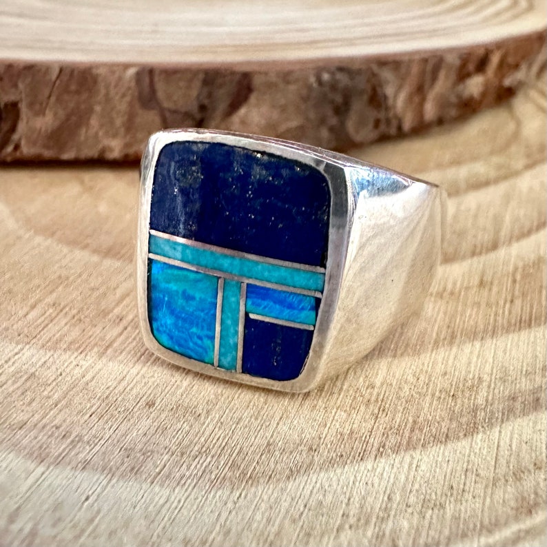 LOVE IN BLUE Multi Stone & Sterling Geometric Inlay Mens Ring Native American Handmade Silver Lapis Jewelry Southwestern Sizes 10, 10.5 image 3