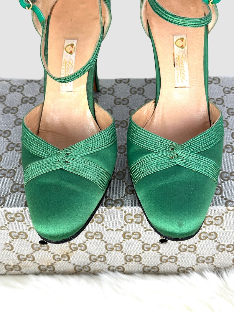 GUCCI Vintage 70s Green Satin Ankle Strap Shoes 1970s Italian Designer Ankle Strap Stiletto Heels, Made in Italy Disco Era Size 35 5 image 4
