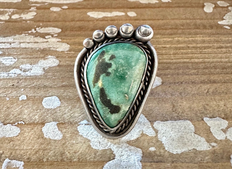 BEST FOOT FORWARD Vintage Handmade Large Ring Sterling Silver, Turquoise Native American Navajo Made Jewelry Southwestern Size 6 1/2 image 1