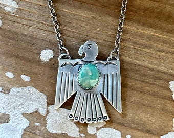 THUNDERBIRD Native Sterling Silver & Turquoise Necklace Pendant, Silver Chain Link | Native American Navajo Style Southwestern Jewelry • 16g