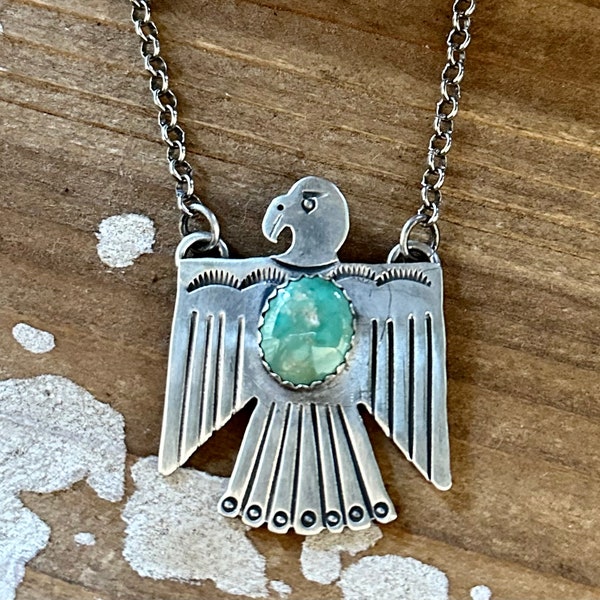 THUNDERBIRD Native Sterling Silver & Turquoise Necklace Pendant, Silver Chain Link | Native American Navajo Style Southwestern Jewelry • 16g