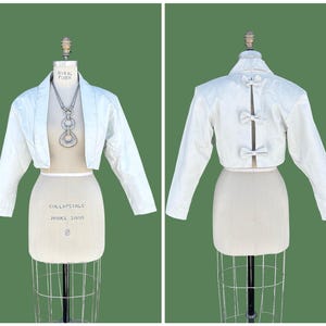 SENSATION CROPPED Leather Vintage 80&#39;s Triple Bow Jacket | 1980s Short White Moto Rocker Coat | Made in USA | Women&#39;s Size Sm/Med