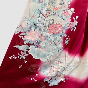 JAPANESE GARDEN Vintage Traditional Kimono Cranberry with Floral Peacock Print 70s 1970s to 80s 1980s Asian Robe Coat, Japan Open Size image 7