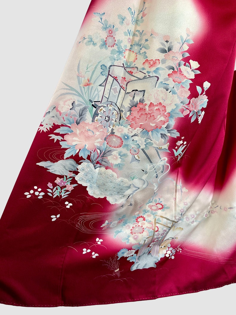 JAPANESE GARDEN Vintage Traditional Kimono Cranberry with Floral Peacock Print 70s 1970s to 80s 1980s Asian Robe Coat, Japan Open Size image 7